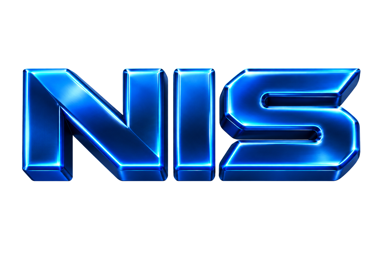 N I S – dreidimensionales, blau leuchtendes Logo